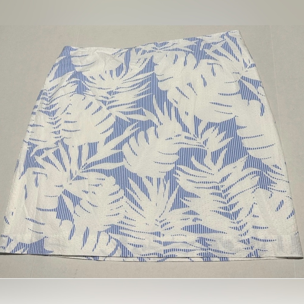 Talbots blue white tropical leaf print on cotton seersucker fabric skirt SZ 16